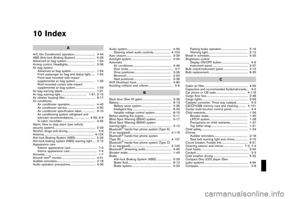NISSAN QUEST 2015 RE52 / 4.G Owners Manual �������
�> �(�G�L�W� ����� �� �� �0�R�G�H�O� �(���� �@
10 Index
A
A/C (Air Conditioner) operation...
.............................. 4-44
ABS (Anti-lock Braking System) ...
......