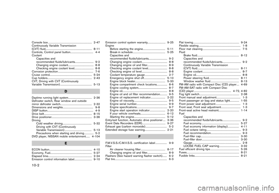 NISSAN QUEST 2015 RE52 / 4.G Service Manual �������
�> �(�G�L�W� ����� �� �� �0�R�G�H�O� �(���� �@
10-2
Console box...
................................................................. 2-47
Continuously Variable Transmissi