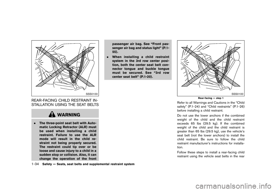NISSAN QUEST 2015 RE52 / 4.G Workshop Manual ������
�> �(�G�L�W� ����� �� �� �0�R�G�H�O� �(���� �@
1-34Safety Ð Seats, seat belts and supplemental restraint system
SSS0100
REAR-FACING CHILD RESTRAINT IN-
STALLATION USING TH