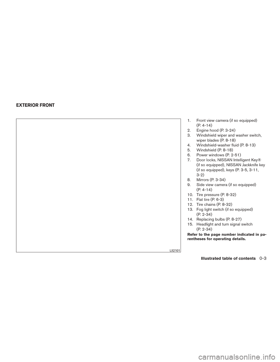 NISSAN ROGUE 2015 2.G User Guide 1. Front view camera (if so equipped)(P. 4-14)
2. Engine hood (P. 3-24)
3. Windshield wiper and washer switch,
wiper blades (P. 8-18)
4. Windshield-washer fluid (P. 8-13)
5. Windshield (P. 8-18)
6. Po