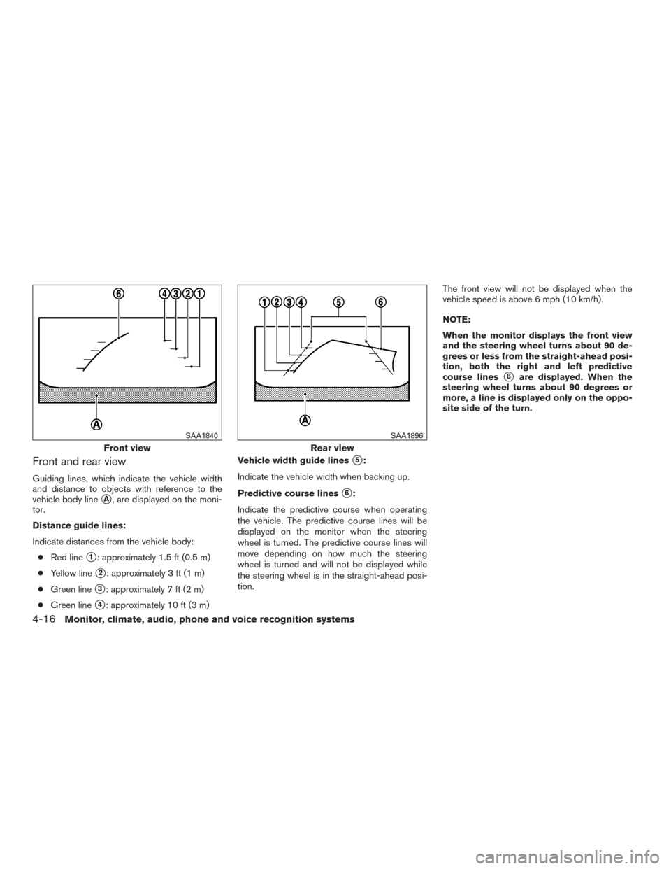 NISSAN ROGUE 2015 2.G Owners Manual Front and rear view
Guiding lines, which indicate the vehicle width
and distance to objects with reference to the
vehicle body line
A, are displayed on the moni-
tor.
Distance guide lines:
Indicate d