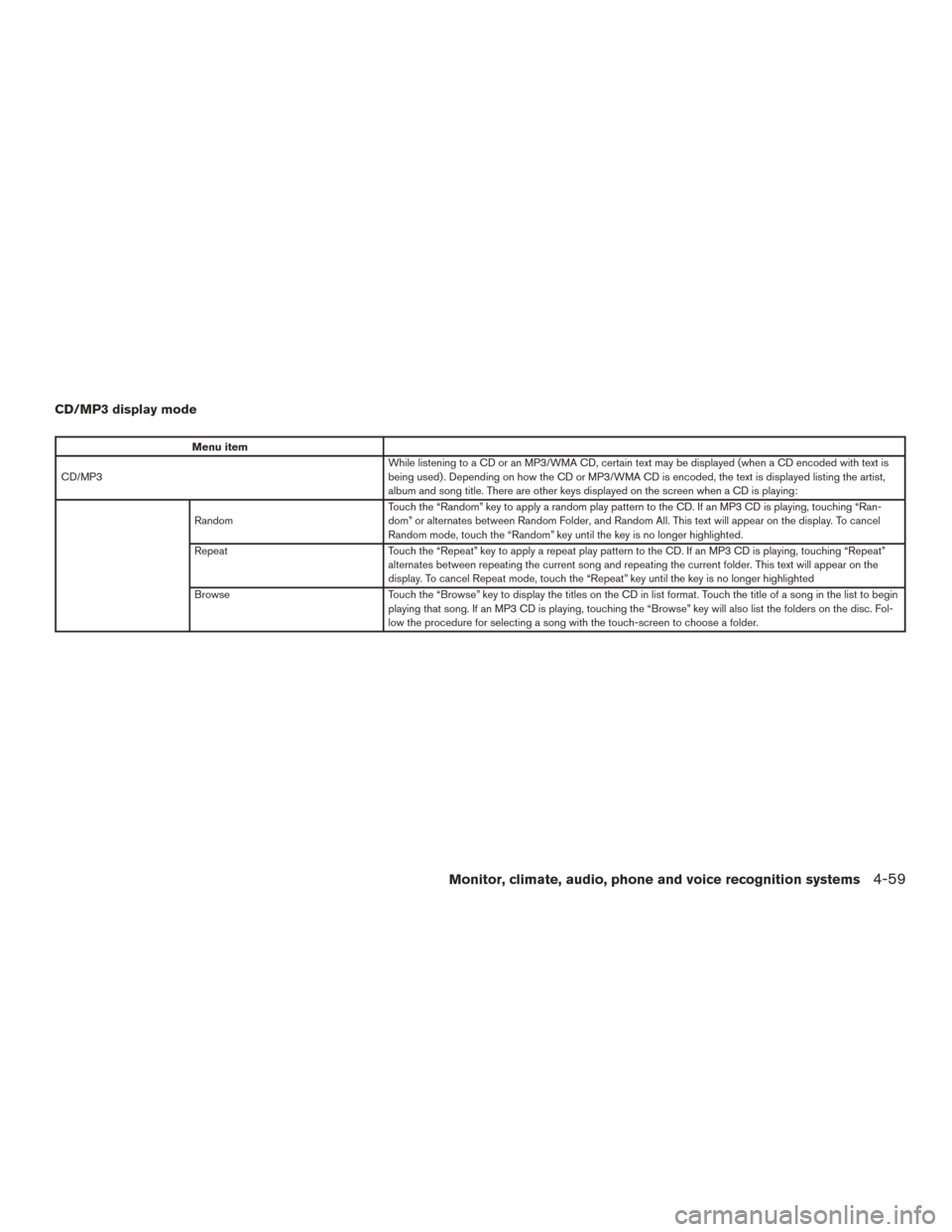 NISSAN ROGUE 2015 2.G Owners Manual CD/MP3 display mode
Menu item
CD/MP3 While listening to a CD or an MP3/WMA CD, certain text may be displayed (when a CD encoded with text is
being used) . Depending on how the CD or MP3/WMA CD is enco NISSAN ROGUE 2015 2.G Owners Manual CD/MP3 display mode
Menu item
CD/MP3 While listening to a CD or an MP3/WMA CD, certain text may be displayed (when a CD encoded with text is
being used) . Depending on how the CD or MP3/WMA CD is enco