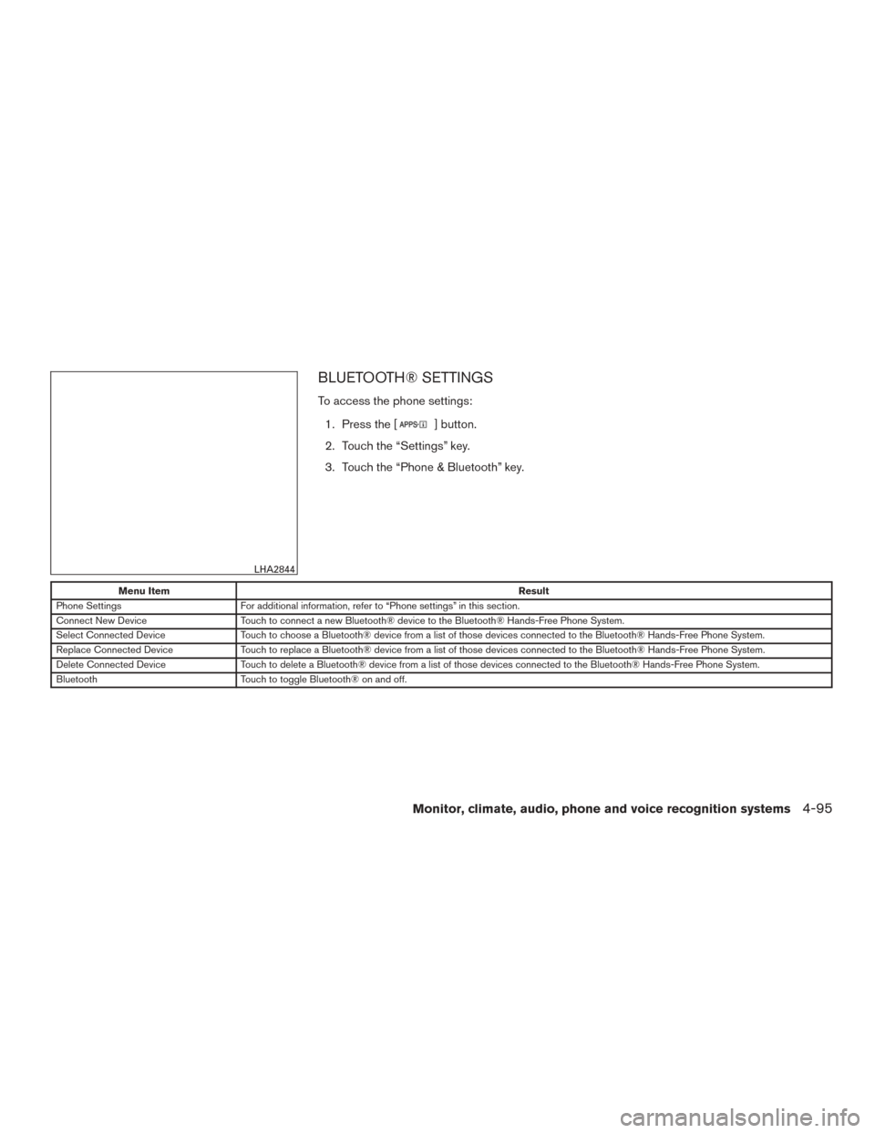 NISSAN ROGUE 2015 2.G User Guide BLUETOOTH® SETTINGS
To access the phone settings:1. Press the [
] button.
2. Touch the “Settings” key.
3. Touch the “Phone & Bluetooth” key.
Menu Item Result
Phone Settings For additional inf