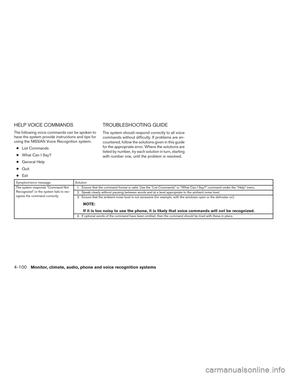 NISSAN ROGUE 2015 2.G Owners Manual HELP VOICE COMMANDS
The following voice commands can be spoken to
have the system provide instructions and tips for
using the NISSAN Voice Recognition system.● List Commands
● What Can I Say?
● 