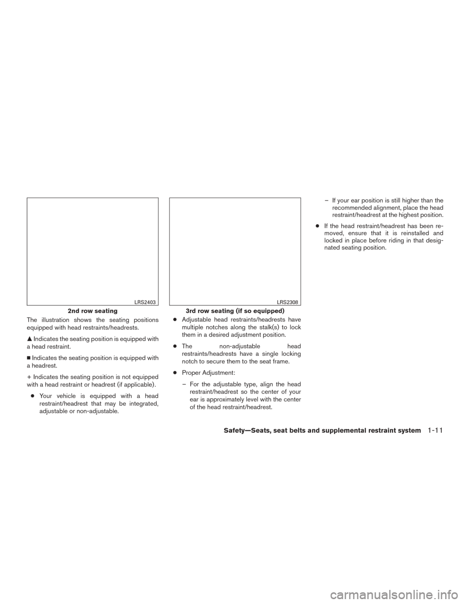 NISSAN ROGUE 2015 2.G Owners Manual The illustration shows the seating positions
equipped with head restraints/headrests.
Indicates the seating position is equipped with
a head restraint.
 Indicates the seating position is equipped wi