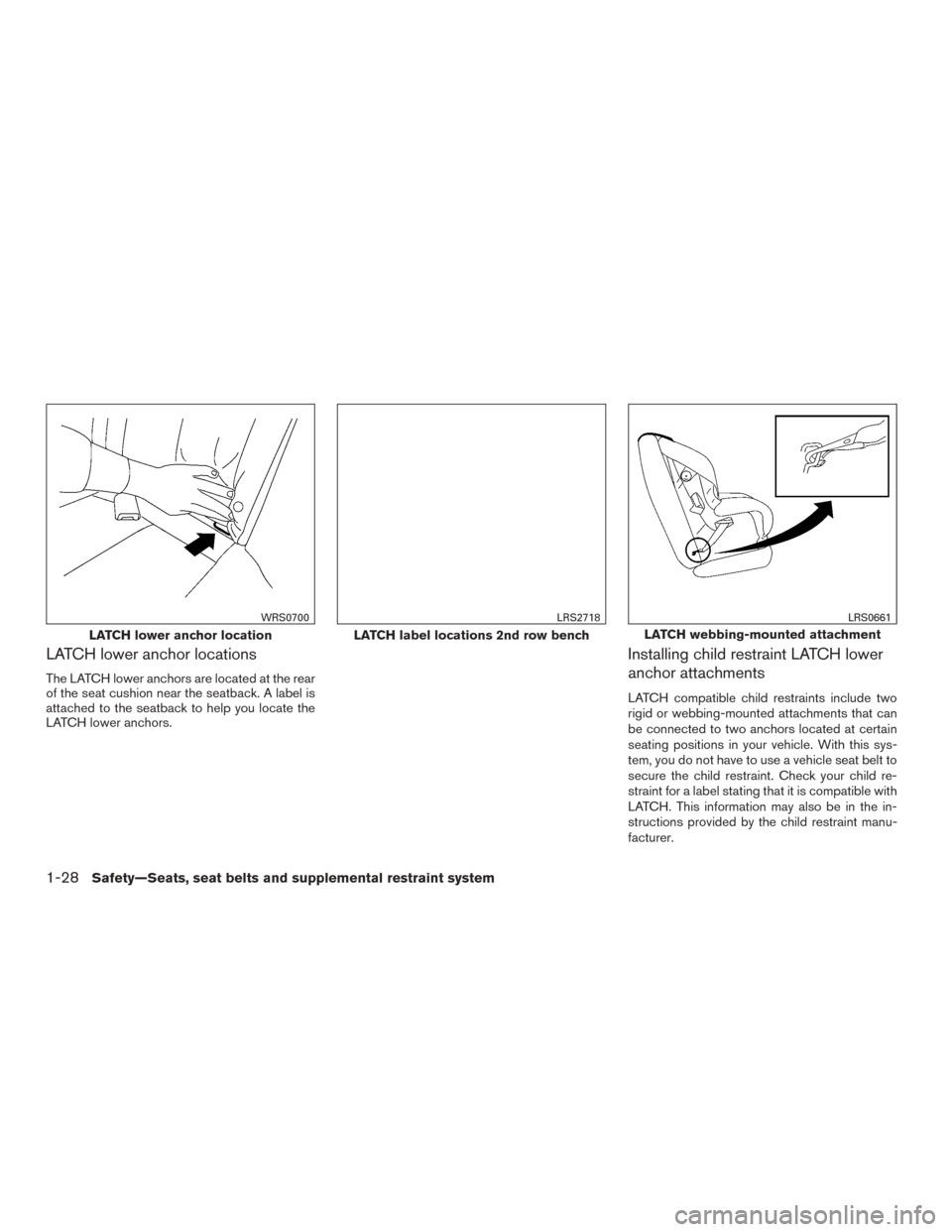 NISSAN ROGUE 2015 2.G Service Manual LATCH lower anchor locations
The LATCH lower anchors are located at the rear
of the seat cushion near the seatback. A label is
attached to the seatback to help you locate the
LATCH lower anchors.
Inst