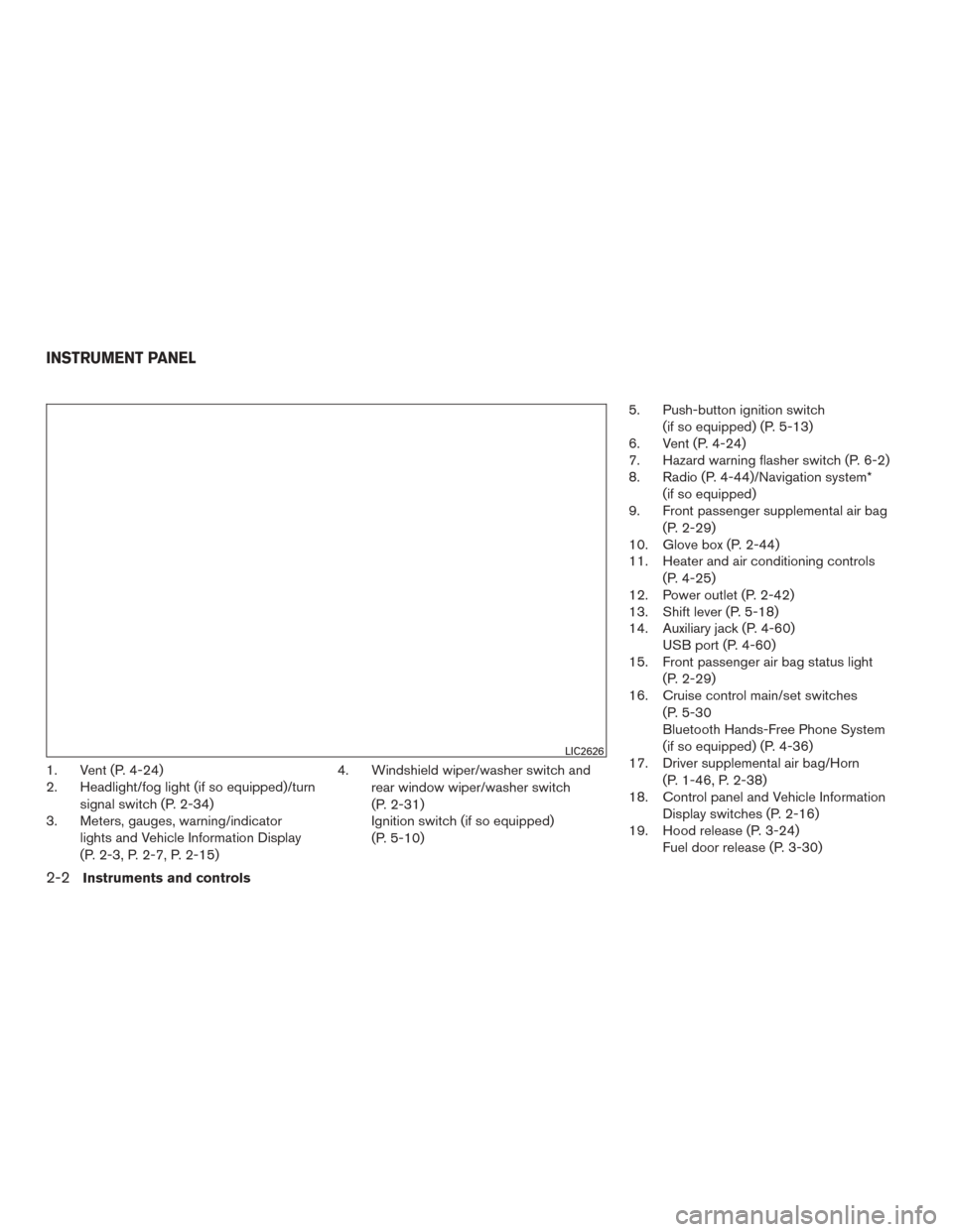 NISSAN ROGUE 2015 2.G Manual Online 1. Vent (P. 4-24)
2. Headlight/fog light (if so equipped)/turnsignal switch (P. 2-34)
3. Meters, gauges, warning/indicator
lights and Vehicle Information Display
(P. 2-3, P. 2-7, P. 2-15) 4. Windshiel