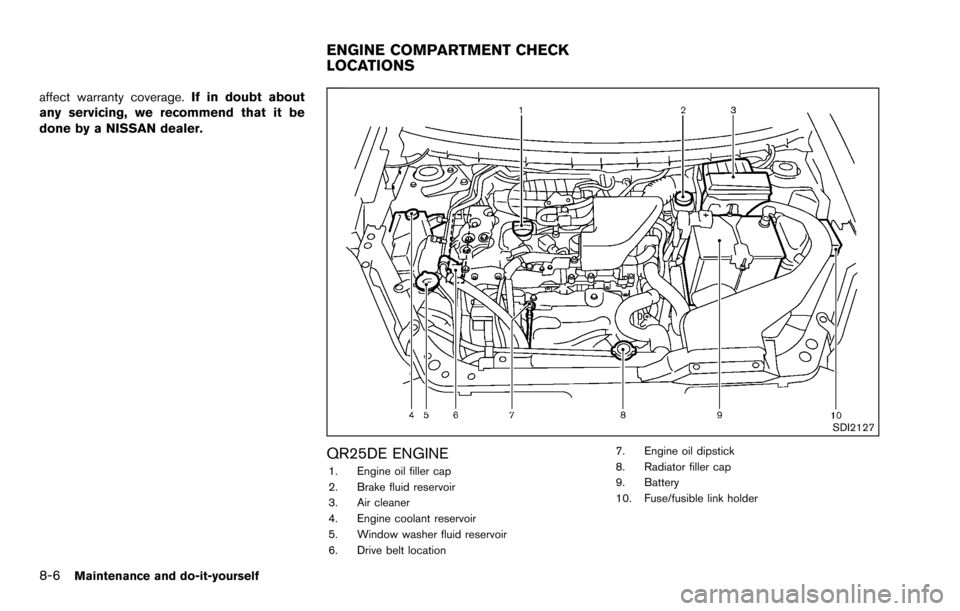 NISSAN ROGUE SELECT 2015 2.G User Guide 8-6Maintenance and do-it-yourself
affect warranty coverage.If in doubt about
any servicing, we recommend that it be
done by a NISSAN dealer.
SDI2127
QR25DE ENGINE1. Engine oil filler cap
2. Brake flui