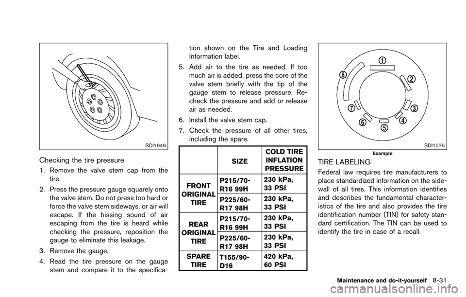 NISSAN ROGUE SELECT 2015 2.G User Guide SDI1949
Checking the tire pressure
1. Remove the valve stem cap from thetire.
2. Press the pressure gauge squarely onto the valve stem. Do not press too hard or
force the valve stem sideways, or air w