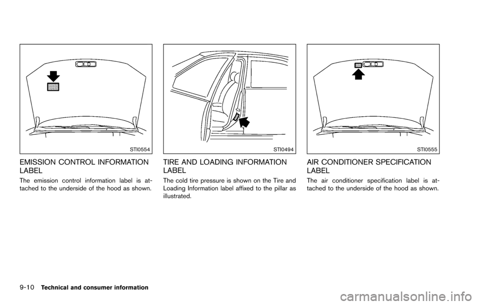 NISSAN ROGUE SELECT 2015 2.G Owners Guide 9-10Technical and consumer information
STI0554
EMISSION CONTROL INFORMATION
LABEL
The emission control information label is at-
tached to the underside of the hood as shown.
STI0494
TIRE AND LOADING I