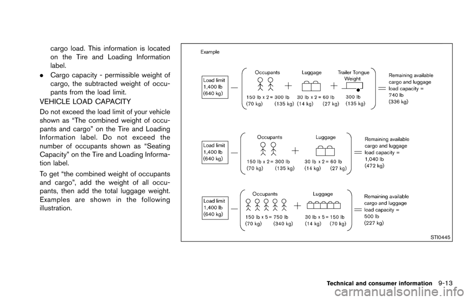 NISSAN ROGUE SELECT 2015 2.G Owners Manual cargo load. This information is located
on the Tire and Loading Information
label.
. Cargo capacity - permissible weight of
cargo, the subtracted weight of occu-
pants from the load limit.
VEHICLE LOA