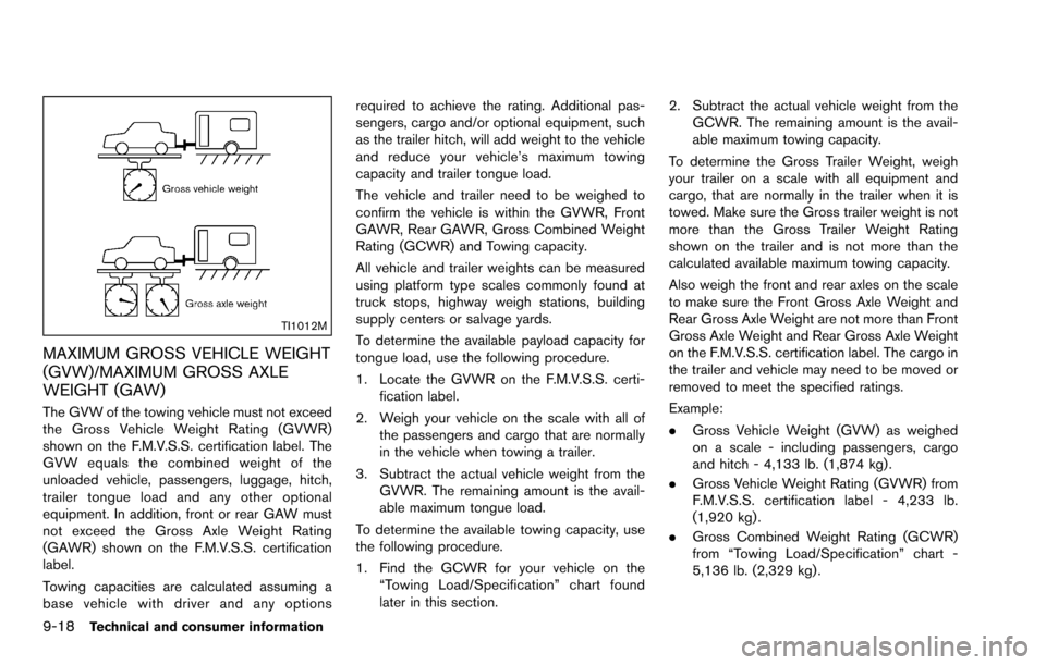 NISSAN ROGUE SELECT 2015 2.G Owners Manual 9-18Technical and consumer information
TI1012M
MAXIMUM GROSS VEHICLE WEIGHT
(GVW)/MAXIMUM GROSS AXLE
WEIGHT (GAW)
The GVW of the towing vehicle must not exceed
the Gross Vehicle Weight Rating (GVWR)
s