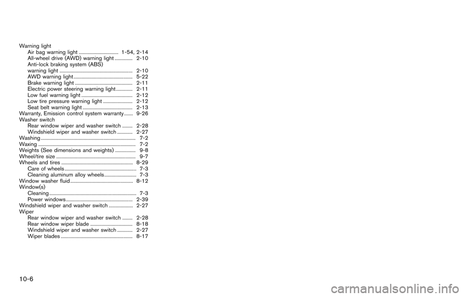 NISSAN ROGUE SELECT 2015 2.G Manual PDF 10-6
Warning lightAir bag warning light ............................... 1-54, 2-14
All-wheel drive (AWD) warning light .............. 2-10
Anti-lock braking system (ABS)
warning light ................