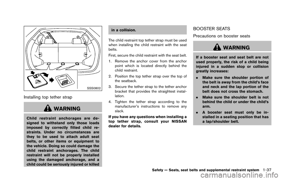 NISSAN ROGUE SELECT 2015 2.G Workshop Manual SSS0802
Installing top tether strap
WARNING
Child restraint anchorages are de-
signed to withstand only those loads
imposed by correctly fitted child re-
straints. Under no circumstances are
they to b