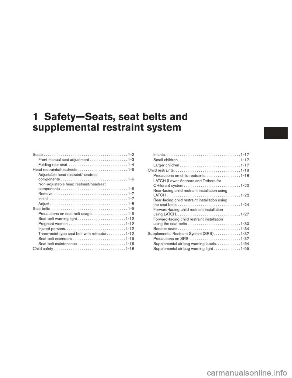 NISSAN SENTRA 2015 B17 / 7.G User Guide 1 Safety—Seats, seat belts and
supplemental restraint system
Seats............................................1-2
Front manual seat adjustment . . ..................1-3
Folding rear seat ...........