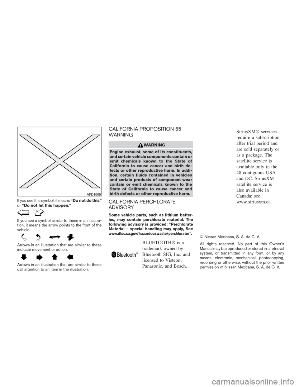 NISSAN SENTRA 2015 B17 / 7.G Owners Manual If you see this symbol, it means“Do not do this”
or “Do not let this happen.”
If you see a symbol similar to these in an illustra-
tion, it means the arrow points to the front of the
vehicle.
