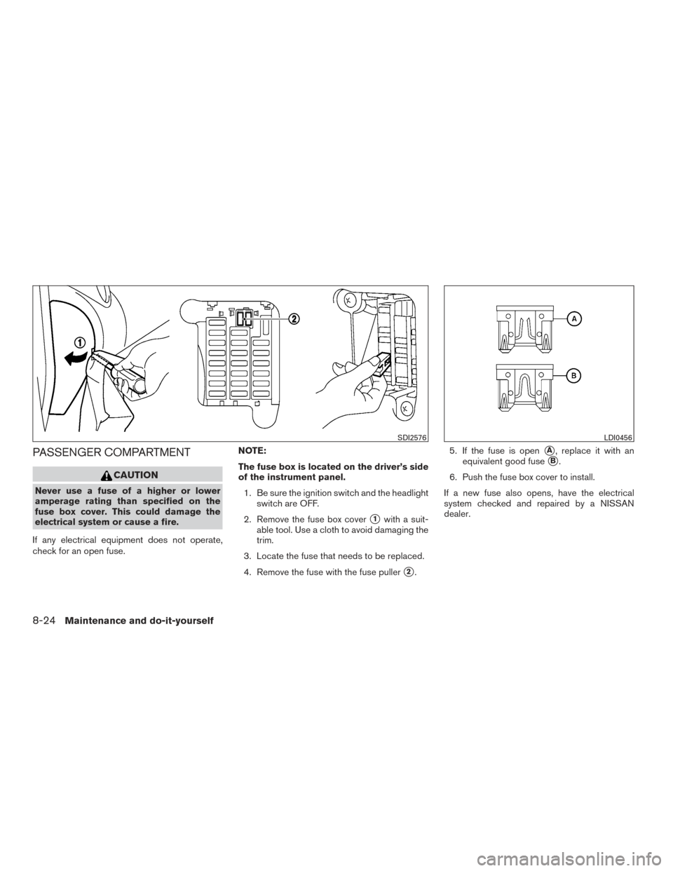 NISSAN SENTRA 2015 B17 / 7.G Service Manual PASSENGER COMPARTMENT
CAUTION
Never use a fuse of a higher or lower
amperage rating than specified on the
fuse box cover. This could damage the
electrical system or cause a fire.
If any electrical equ