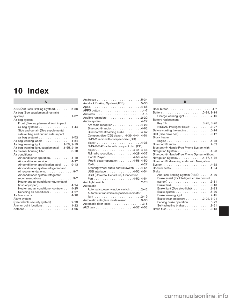 NISSAN SENTRA 2015 B17 / 7.G Manual PDF 10 Index
A
ABS (Anti-lock Braking System) ........5-30
Air bag (See supplemental restraint
system) .....................1-37
Air bag system Front (See supplemental front impact
air bag system) .......