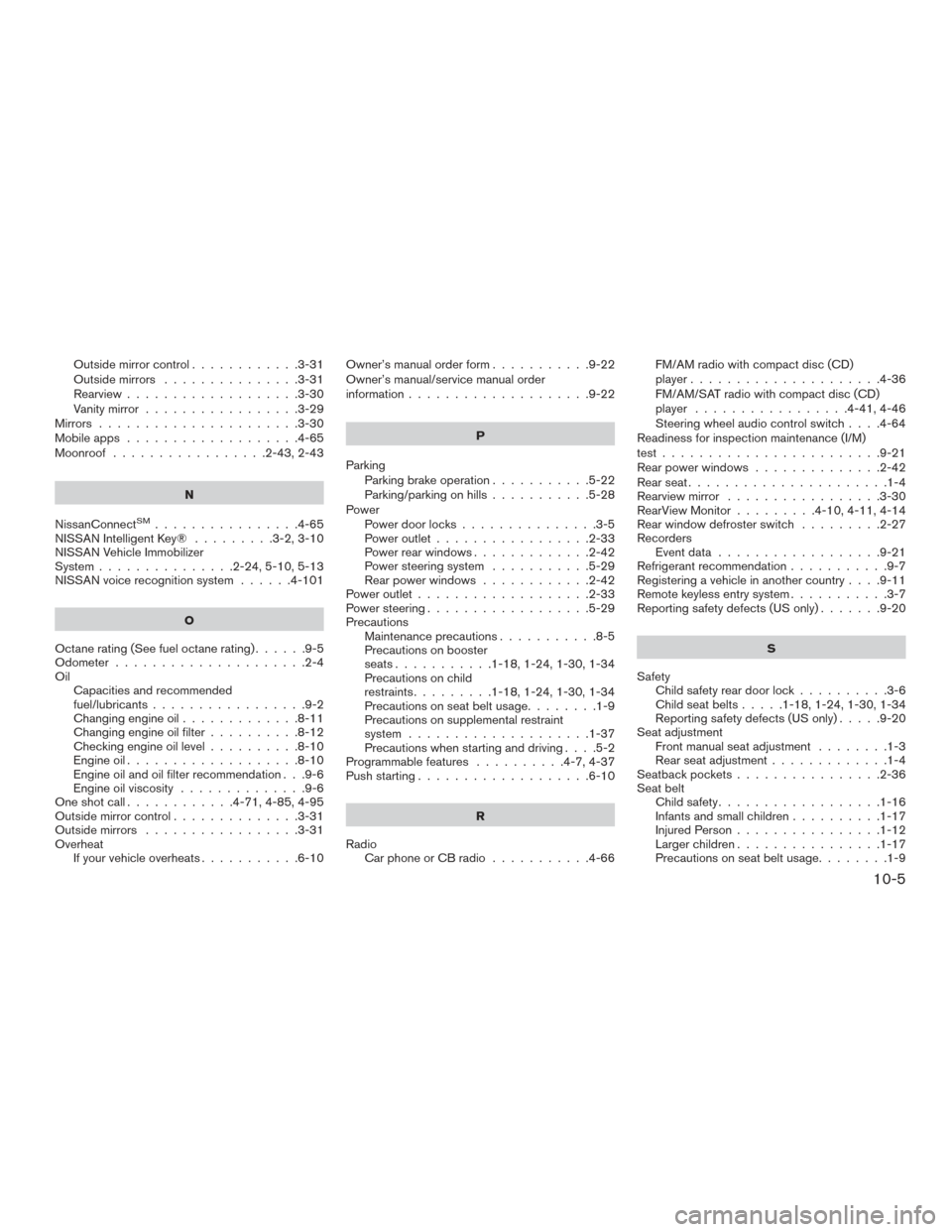 NISSAN SENTRA 2015 B17 / 7.G Service Manual Outside mirror control............3-31
Outside mirrors ...............3-31
Rearview ...................3-30
Vanity mirror .................3-29
Mirrors ......................3-30
Mobileapps ..........