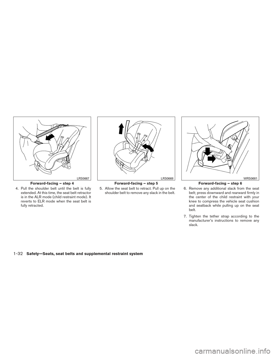 NISSAN SENTRA 2015 B17 / 7.G Owners Manual 4. Pull the shoulder belt until the belt is fullyextended. At this time, the seat belt retractor
is in the ALR mode (child restraint mode) . It
reverts to ELR mode when the seat belt is
fully retracte