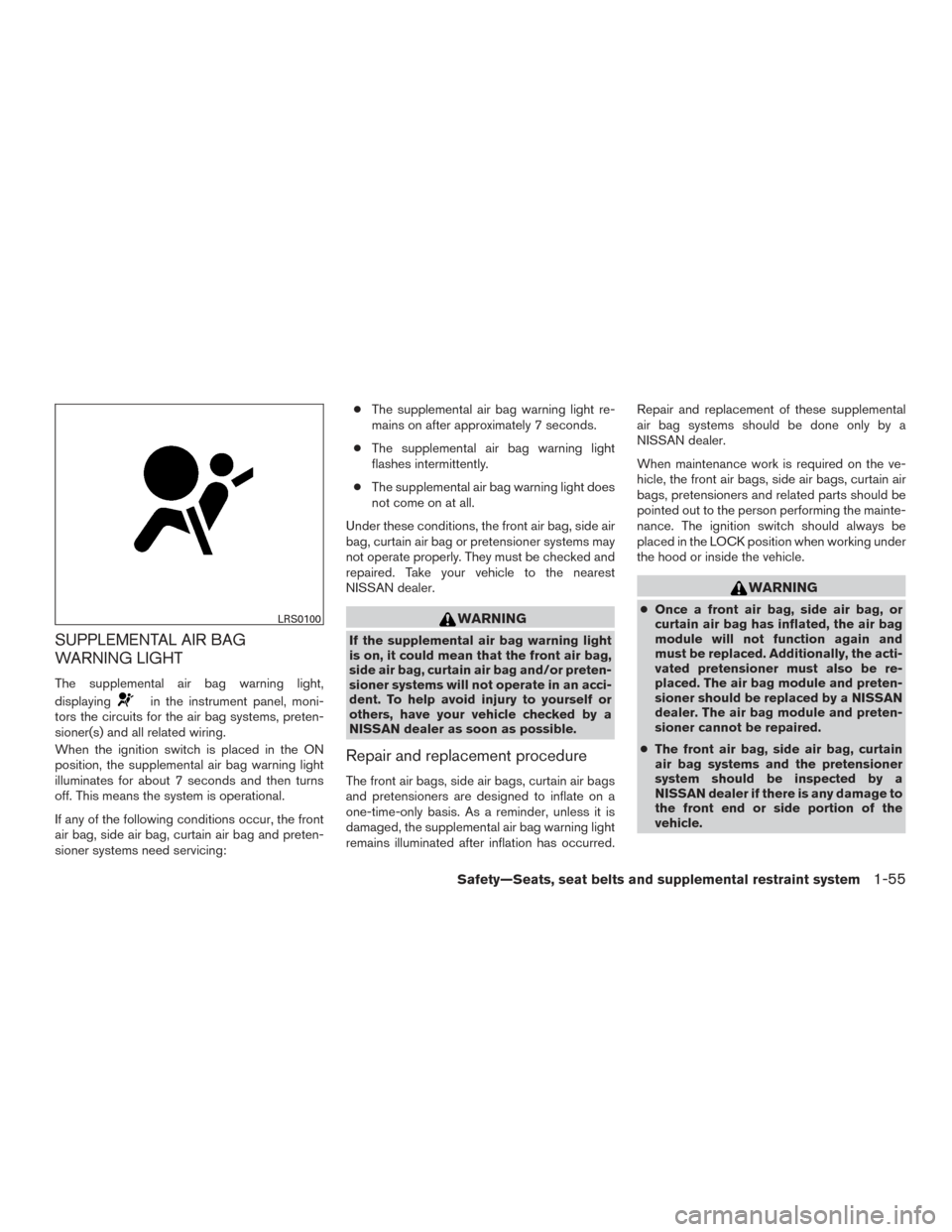NISSAN SENTRA 2015 B17 / 7.G Manual PDF SUPPLEMENTAL AIR BAG
WARNING LIGHT
The supplemental air bag warning light,
displaying
in the instrument panel, moni-
tors the circuits for the air bag systems, preten-
sioner(s) and all related wiring NISSAN SENTRA 2015 B17 / 7.G Manual PDF SUPPLEMENTAL AIR BAG
WARNING LIGHT
The supplemental air bag warning light,
displaying
in the instrument panel, moni-
tors the circuits for the air bag systems, preten-
sioner(s) and all related wiring