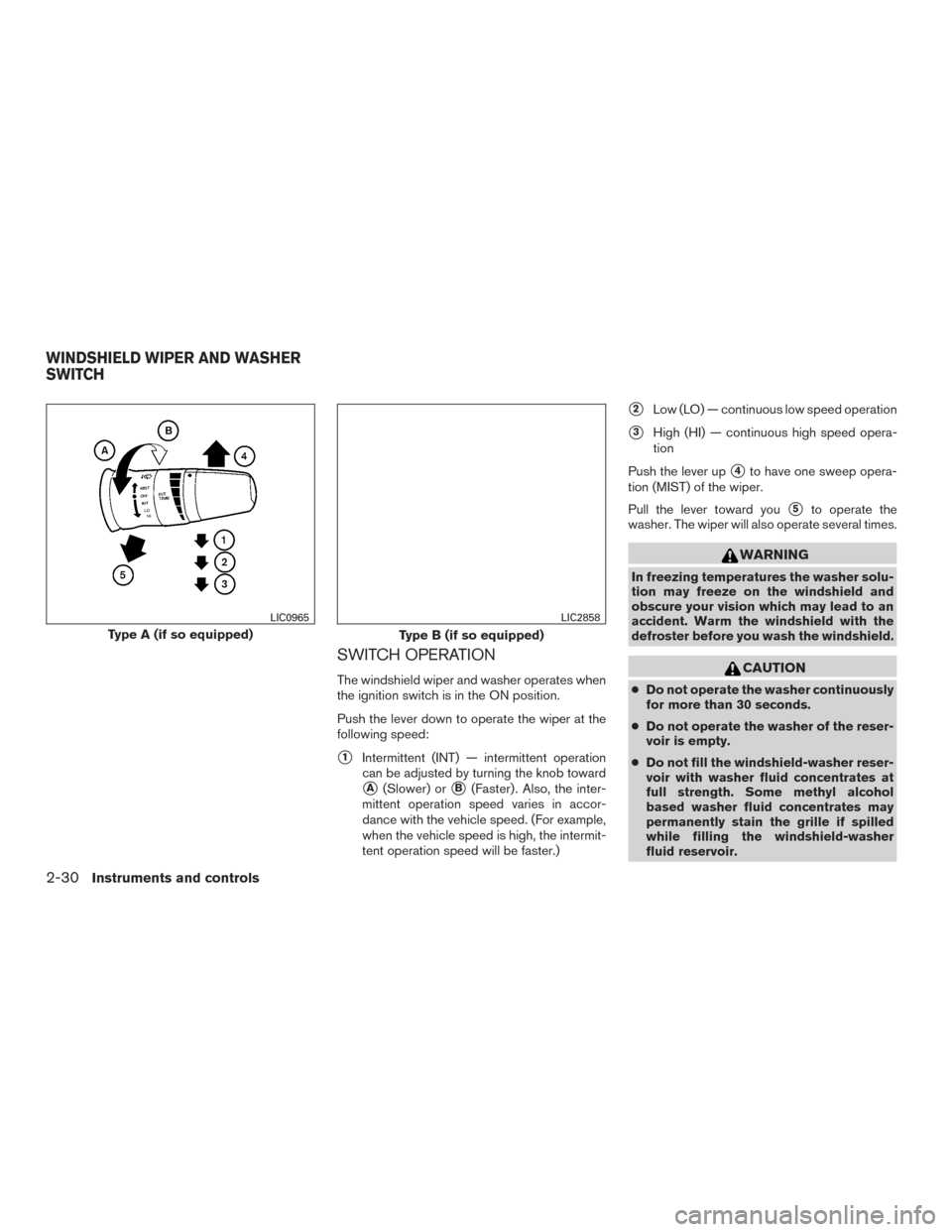 NISSAN TITAN 2015 1.G Owners Manual SWITCH OPERATION
The windshield wiper and washer operates when
the ignition switch is in the ON position.
Push the lever down to operate the wiper at the
following speed:
1Intermittent (INT) — inte