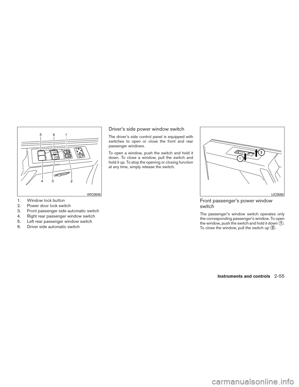 NISSAN TITAN 2015 1.G Service Manual 1. Window lock button
2. Power door lock switch
3. Front passenger side automatic switch
4. Right rear passenger window switch
5. Left rear passenger window switch
6. Driver side automatic switch
Driv