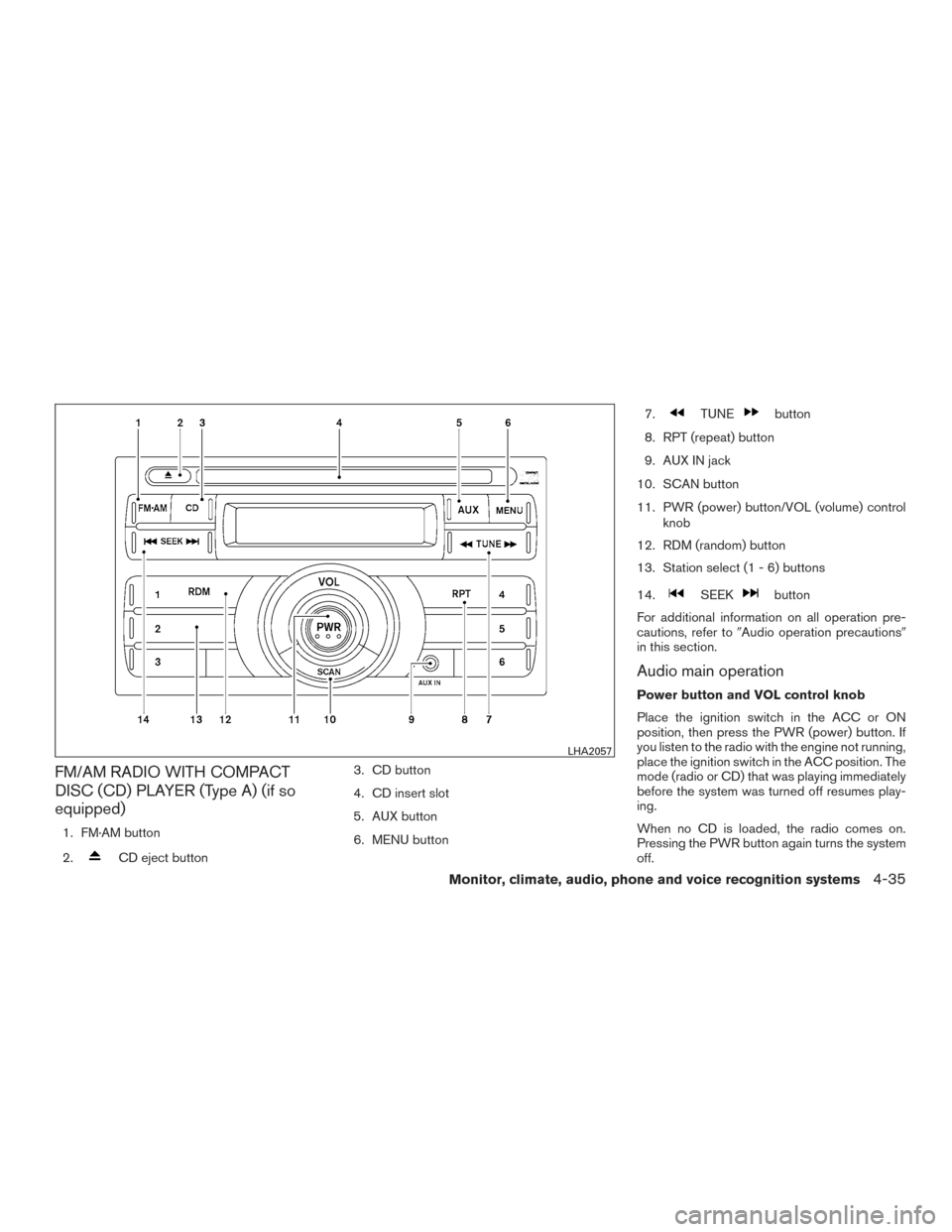 NISSAN TITAN 2015 1.G Owners Manual FM/AM RADIO WITH COMPACT
DISC (CD) PLAYER (Type A) (if so
equipped)
1. FM·AM button
2.
CD eject button3. CD button
4. CD insert slot
5. AUX button
6. MENU button 7.
TUNEbutton
8. RPT (repeat) button
