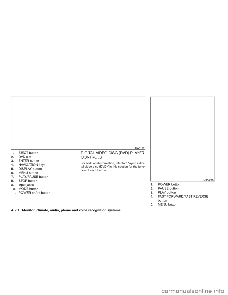NISSAN TITAN 2015 1.G Service Manual 1. EJECT button
2. DVD slot
3. ENTER button
4. NAVIGATION keys
5. DISPLAY button
6. MENU button
7. PLAY/PAUSE button
8. STOP button
9. Input jacks
10. MODE button
11. POWER on/off buttonDIGITAL VIDEO 