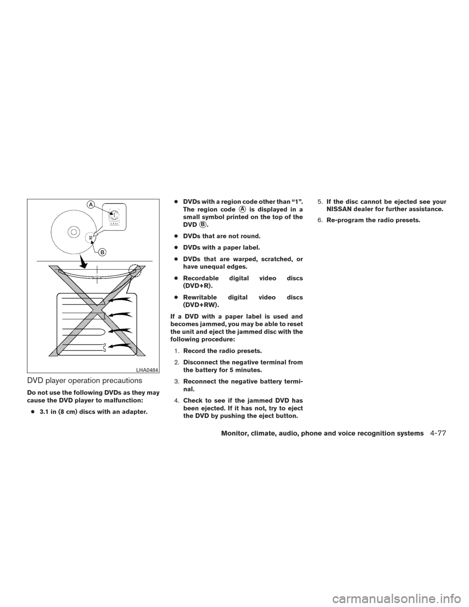 NISSAN TITAN 2015 1.G Owners Manual DVD player operation precautions
Do not use the following DVDs as they may
cause the DVD player to malfunction:● 3.1 in (8 cm) discs with an adapter. ●
DVDs with a region code other than “1”.
