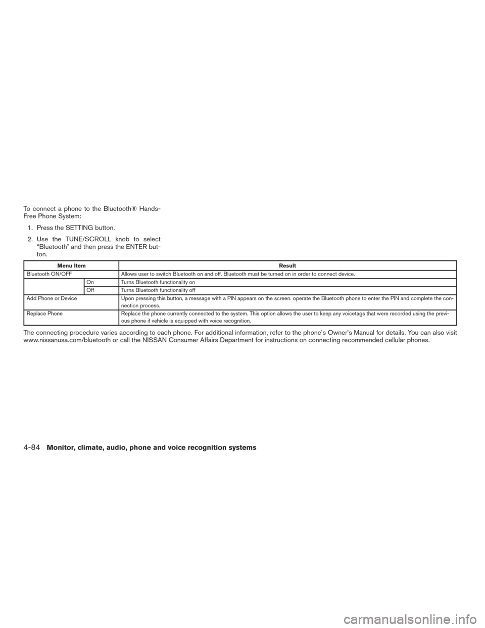 NISSAN TITAN 2015 1.G Owners Manual To connect a phone to the Bluetooth® Hands-
Free Phone System:1. Press the SETTING button.
2. Use the TUNE/SCROLL knob to select “Bluetooth” and then press the ENTER but-
ton.
Menu Item Result
Bl NISSAN TITAN 2015 1.G Owners Manual To connect a phone to the Bluetooth® Hands-
Free Phone System:1. Press the SETTING button.
2. Use the TUNE/SCROLL knob to select “Bluetooth” and then press the ENTER but-
ton.
Menu Item Result
Bl