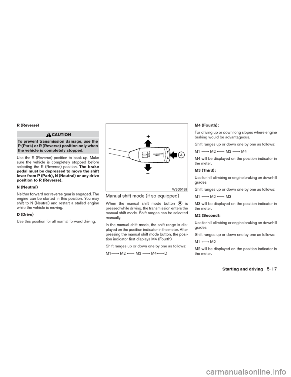 NISSAN TITAN 2015 1.G Owners Manual R (Reverse)
CAUTION
To prevent transmission damage, use the
P (Park) or R (Reverse) position only when
the vehicle is completely stopped.
Use the R (Reverse) position to back up. Make
sure the vehicle NISSAN TITAN 2015 1.G Owners Manual R (Reverse)
CAUTION
To prevent transmission damage, use the
P (Park) or R (Reverse) position only when
the vehicle is completely stopped.
Use the R (Reverse) position to back up. Make
sure the vehicle