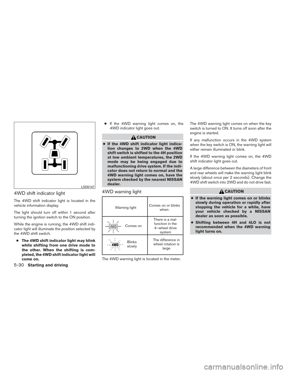 NISSAN TITAN 2015 1.G Service Manual 4WD shift indicator light
The 4WD shift indicator light is located in the
vehicle information display.
The light should turn off within 1 second after
turning the ignition switch to the ON position.
W