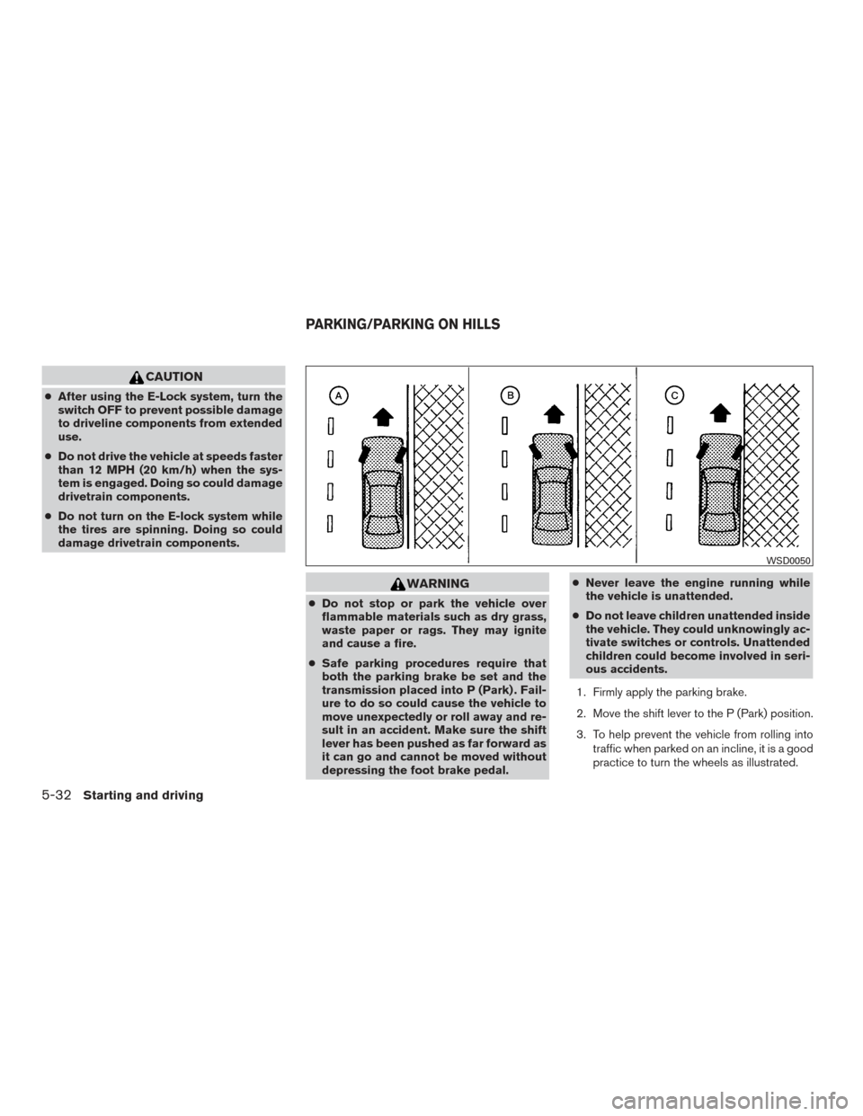 NISSAN TITAN 2015 1.G Service Manual CAUTION
●After using the E-Lock system, turn the
switch OFF to prevent possible damage
to driveline components from extended
use.
● Do not drive the vehicle at speeds faster
than 12 MPH (20 km/h) 