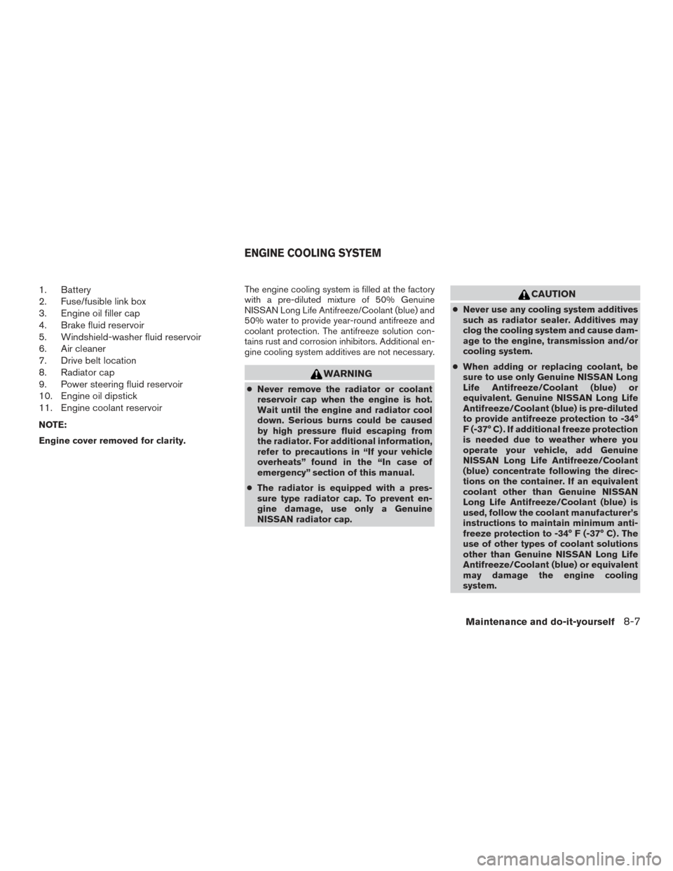 NISSAN TITAN 2015 1.G User Guide 1. Battery
2. Fuse/fusible link box
3. Engine oil filler cap
4. Brake fluid reservoir
5. Windshield-washer fluid reservoir
6. Air cleaner
7. Drive belt location
8. Radiator cap
9. Power steering fluid