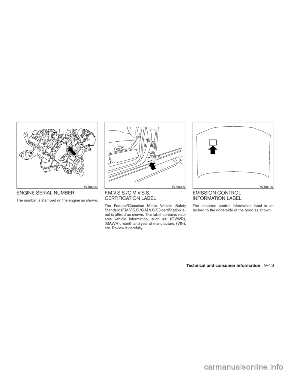 NISSAN TITAN 2015 1.G Owners Manual ENGINE SERIAL NUMBER
The number is stamped on the engine as shown.
F.M.V.S.S./C.M.V.S.S.
CERTIFICATION LABEL
The Federal/Canadian Motor Vehicle Safety
Standard (F.M.V.S.S./C.M.V.S.S.) certification la