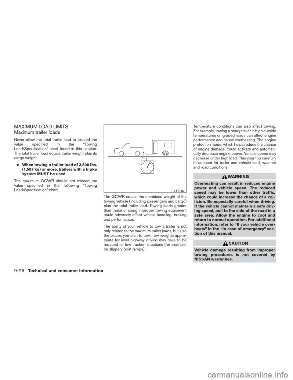 NISSAN TITAN 2015 1.G Service Manual MAXIMUM LOAD LIMITS
Maximum trailer loads
Never allow the total trailer load to exceed the
value specified in the “Towing
Load/Specification” chart found in this section.
The total trailer load eq