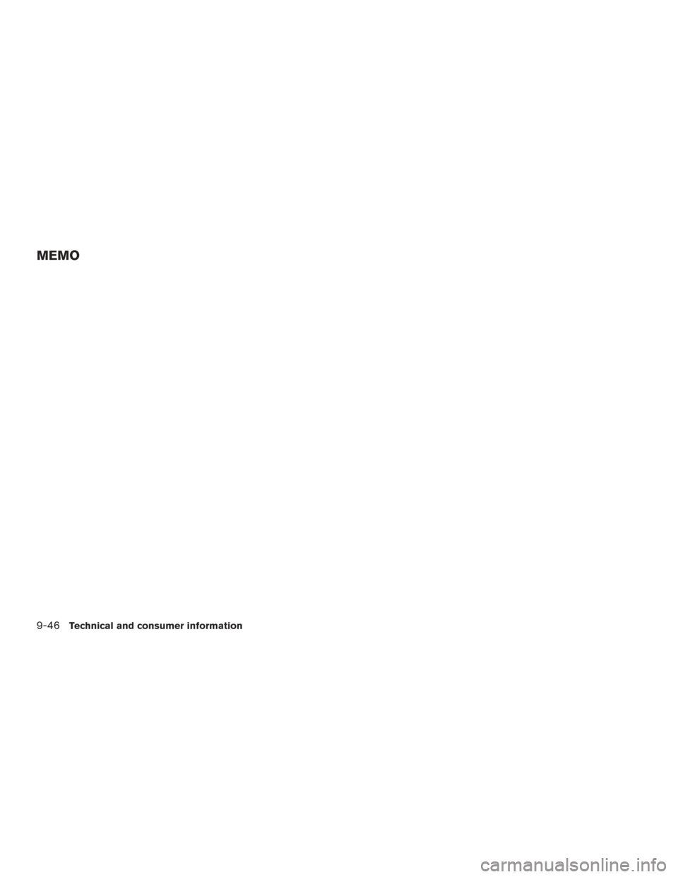NISSAN TITAN 2015 1.G Owners Manual MEMO
9-46Technical and consumer information 