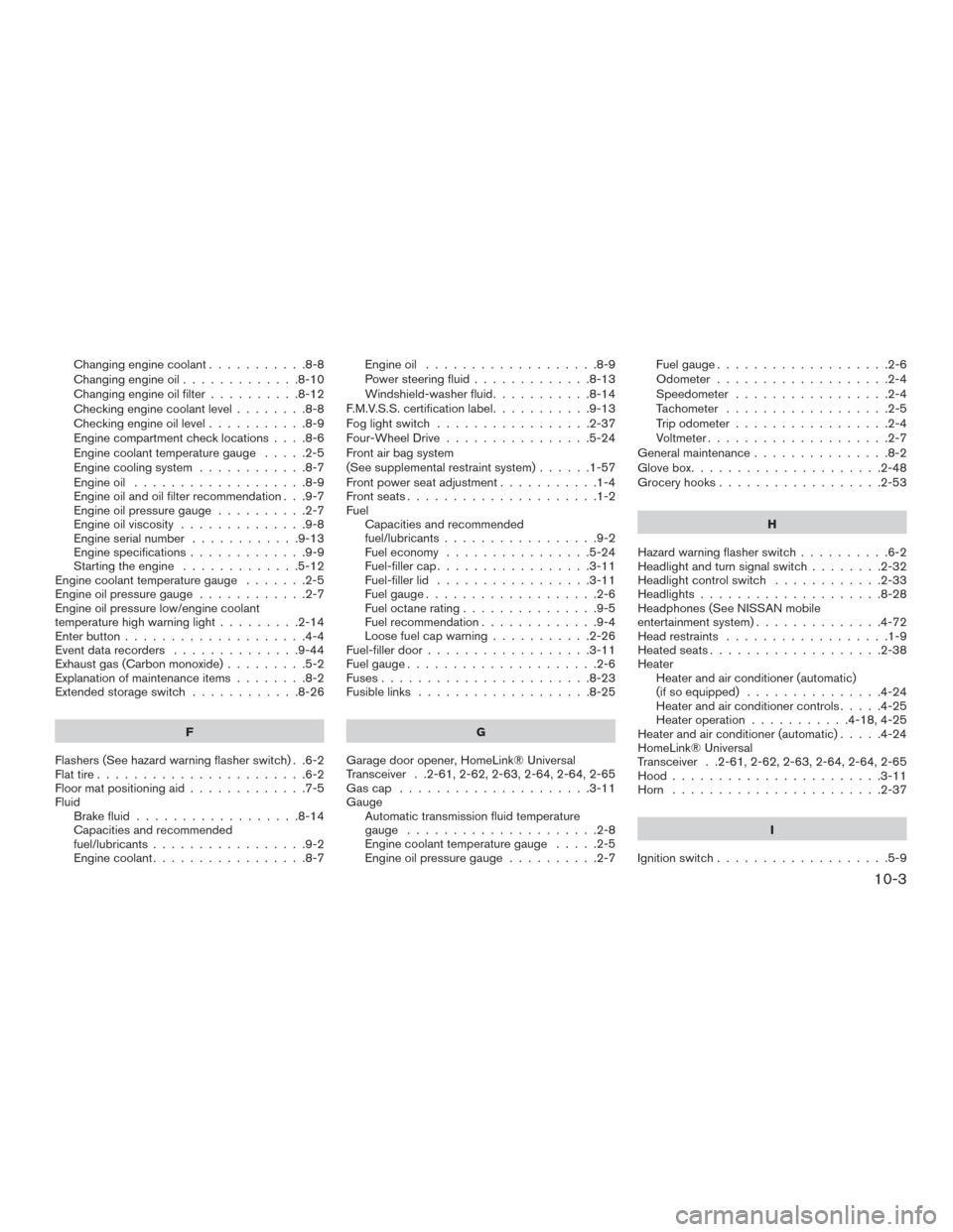 NISSAN TITAN 2015 1.G Owners Manual Changing engine coolant...........8-8
Changing engine oil .............8-10
Changing engine oil filter ..........8-12
Checking engine coolant level ........8-8
Checking engine oil level ...........8-9 NISSAN TITAN 2015 1.G Owners Manual Changing engine coolant...........8-8
Changing engine oil .............8-10
Changing engine oil filter ..........8-12
Checking engine coolant level ........8-8
Checking engine oil level ...........8-9