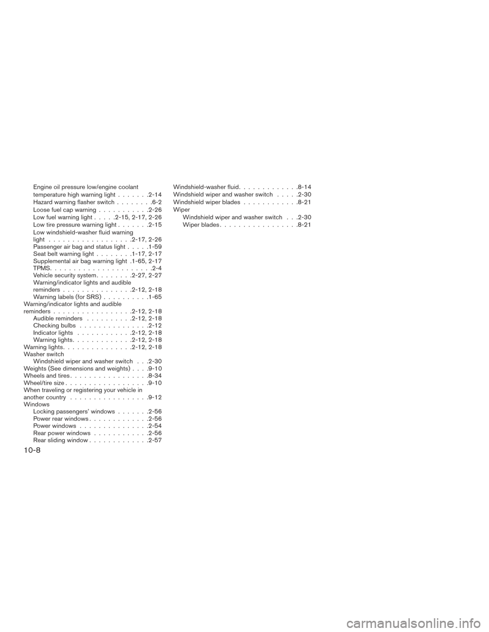 NISSAN TITAN 2015 1.G Service Manual Engine oil pressure low/engine coolant
temperature high warning light.......2-14
Hazard warning flasher switch ........6-2
Loosefuelcapwarning...........2-26
Lowfuelwarninglight.....2-15,2-17,2-26
Low