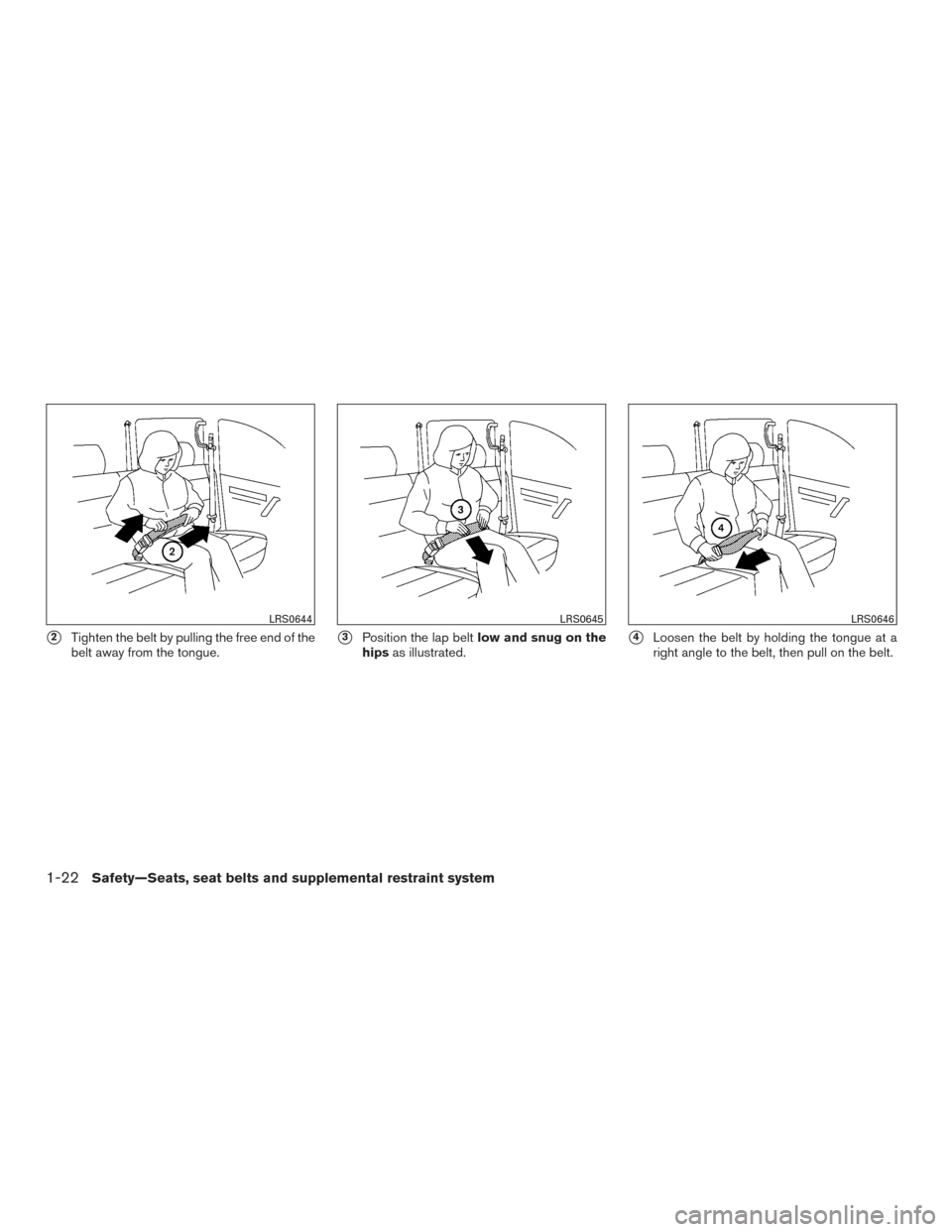 NISSAN TITAN 2015 1.G Service Manual 2Tighten the belt by pulling the free end of the
belt away from the tongue.3Position the lap belt low and snug on the
hips as illustrated.4Loosen the belt by holding the tongue at a
right angle to 