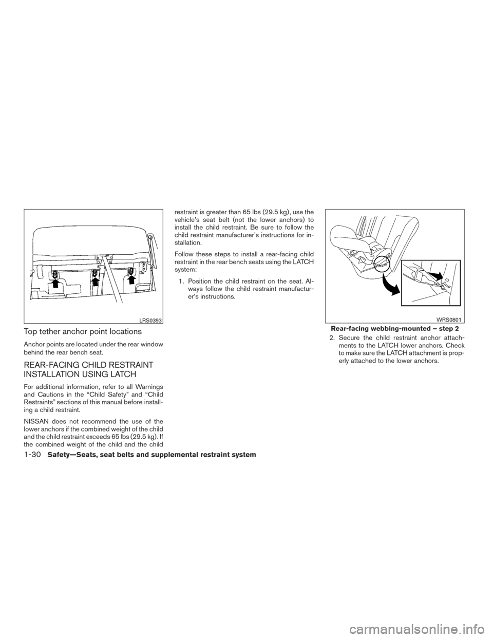 NISSAN TITAN 2015 1.G Workshop Manual Top tether anchor point locations
Anchor points are located under the rear window
behind the rear bench seat.
REAR-FACING CHILD RESTRAINT
INSTALLATION USING LATCH
For additional information, refer to NISSAN TITAN 2015 1.G Workshop Manual Top tether anchor point locations
Anchor points are located under the rear window
behind the rear bench seat.
REAR-FACING CHILD RESTRAINT
INSTALLATION USING LATCH
For additional information, refer to