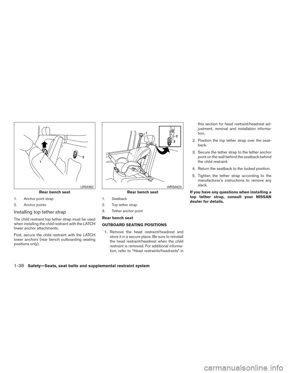 NISSAN TITAN 2015 1.G Repair Manual 1. Anchor point strap
2. Anchor points
Installing top tether strap
The child restraint top tether strap must be used
when installing the child restraint with the LATCH
lower anchor attachments.
First, NISSAN TITAN 2015 1.G Repair Manual 1. Anchor point strap
2. Anchor points
Installing top tether strap
The child restraint top tether strap must be used
when installing the child restraint with the LATCH
lower anchor attachments.
First,