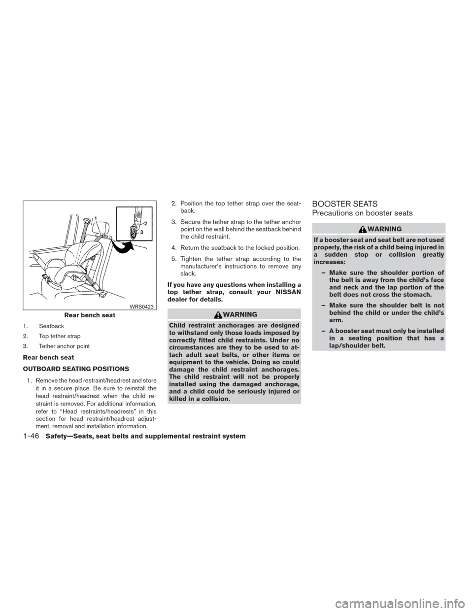 NISSAN TITAN 2015 1.G Manual PDF 1. Seatback
2. Top tether strap
3. Tether anchor point
Rear bench seat
OUTBOARD SEATING POSITIONS1.
Remove the head restraint/headrest and store
it in a secure place. Be sure to reinstall the
head res