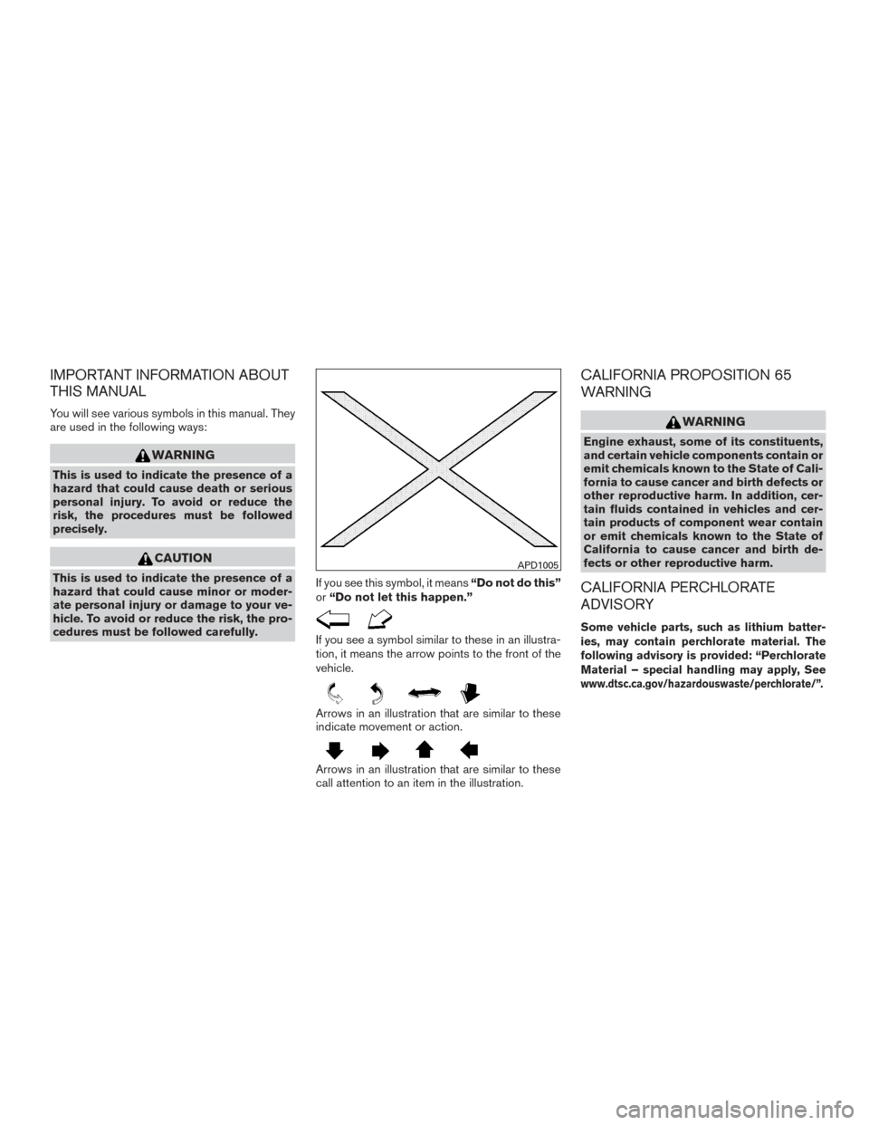 NISSAN TITAN 2015 1.G Owners Manual IMPORTANT INFORMATION ABOUT
THIS MANUAL
You will see various symbols in this manual. They
are used in the following ways:
WARNING
This is used to indicate the presence of a
hazard that could cause dea