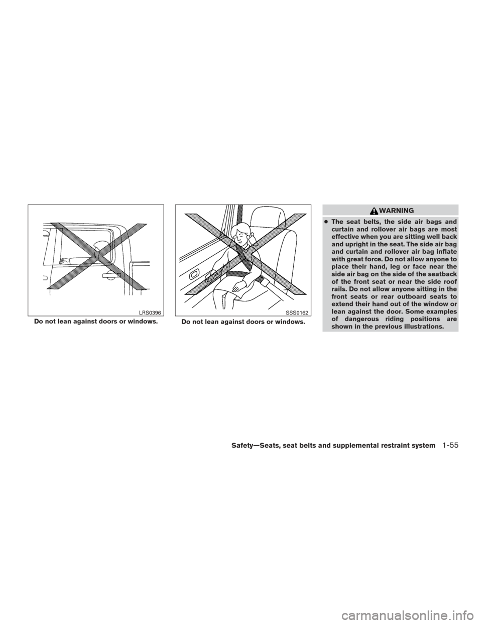 NISSAN TITAN 2015 1.G Owners Manual WARNING
●The seat belts, the side air bags and
curtain and rollover air bags are most
effective when you are sitting well back
and upright in the seat. The side air bag
and curtain and rollover air 