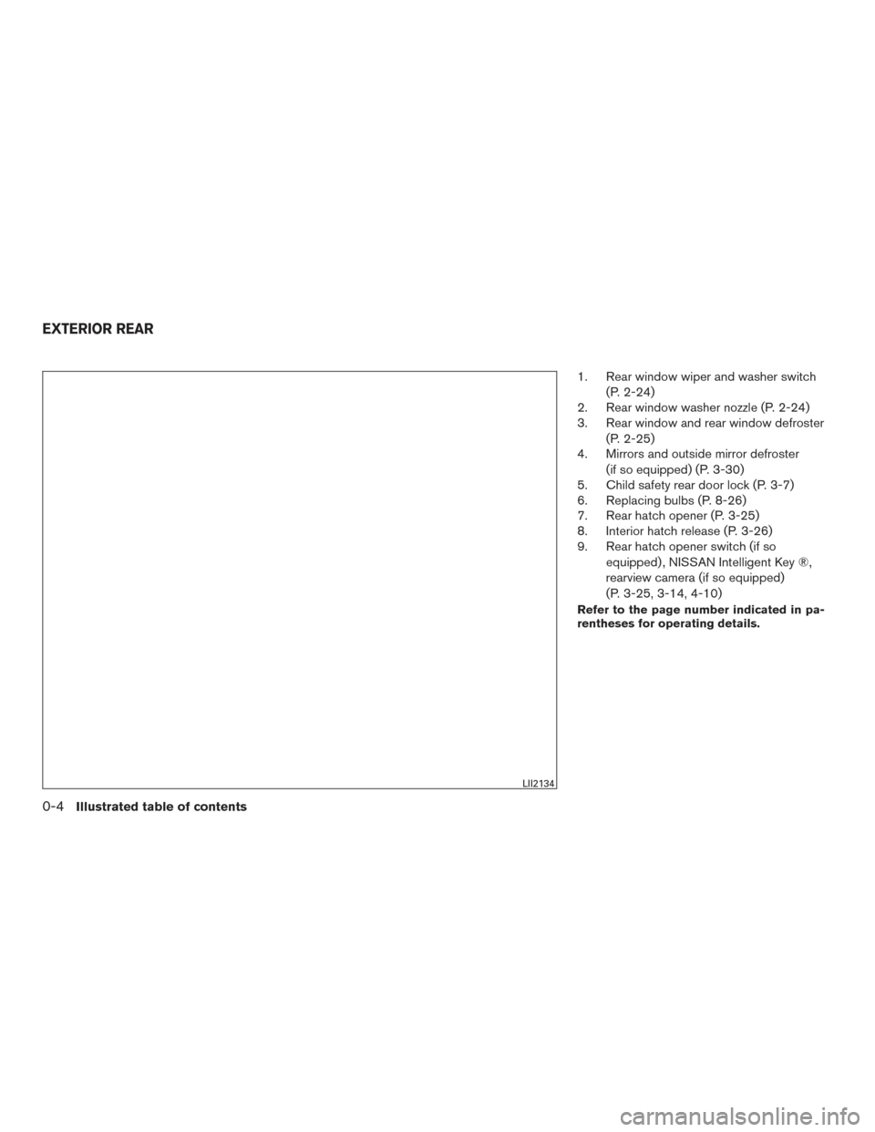 NISSAN VERSA NOTE 2015 2.G User Guide 1. Rear window wiper and washer switch(P. 2-24)
2. Rear window washer nozzle (P. 2-24)
3. Rear window and rear window defroster
(P. 2-25)
4. Mirrors and outside mirror defroster
(if so equipped) (P. 3 NISSAN VERSA NOTE 2015 2.G User Guide 1. Rear window wiper and washer switch(P. 2-24)
2. Rear window washer nozzle (P. 2-24)
3. Rear window and rear window defroster
(P. 2-25)
4. Mirrors and outside mirror defroster
(if so equipped) (P. 3