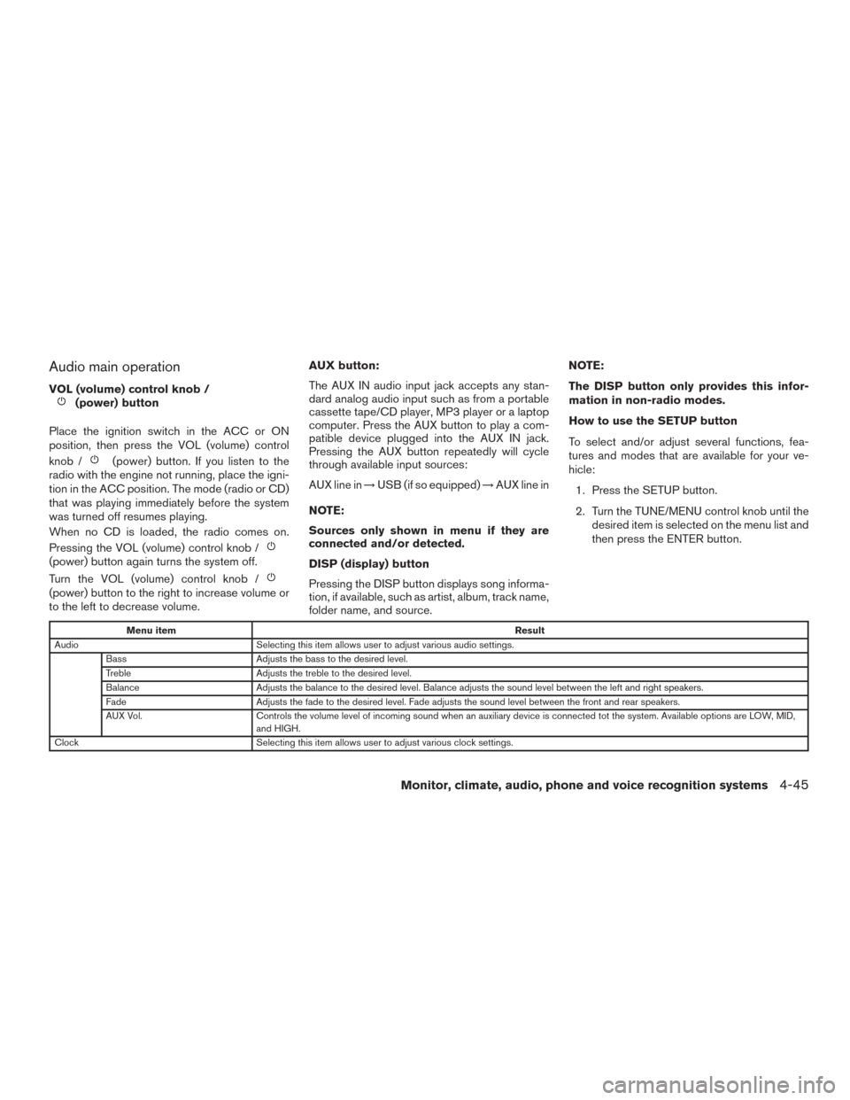 NISSAN VERSA NOTE 2015 2.G User Guide Audio main operation
VOL (volume) control knob /(power) button
Place the ignition switch in the ACC or ON
position, then press the VOL (volume) control
knob /
(power) button. If you listen to the
radi