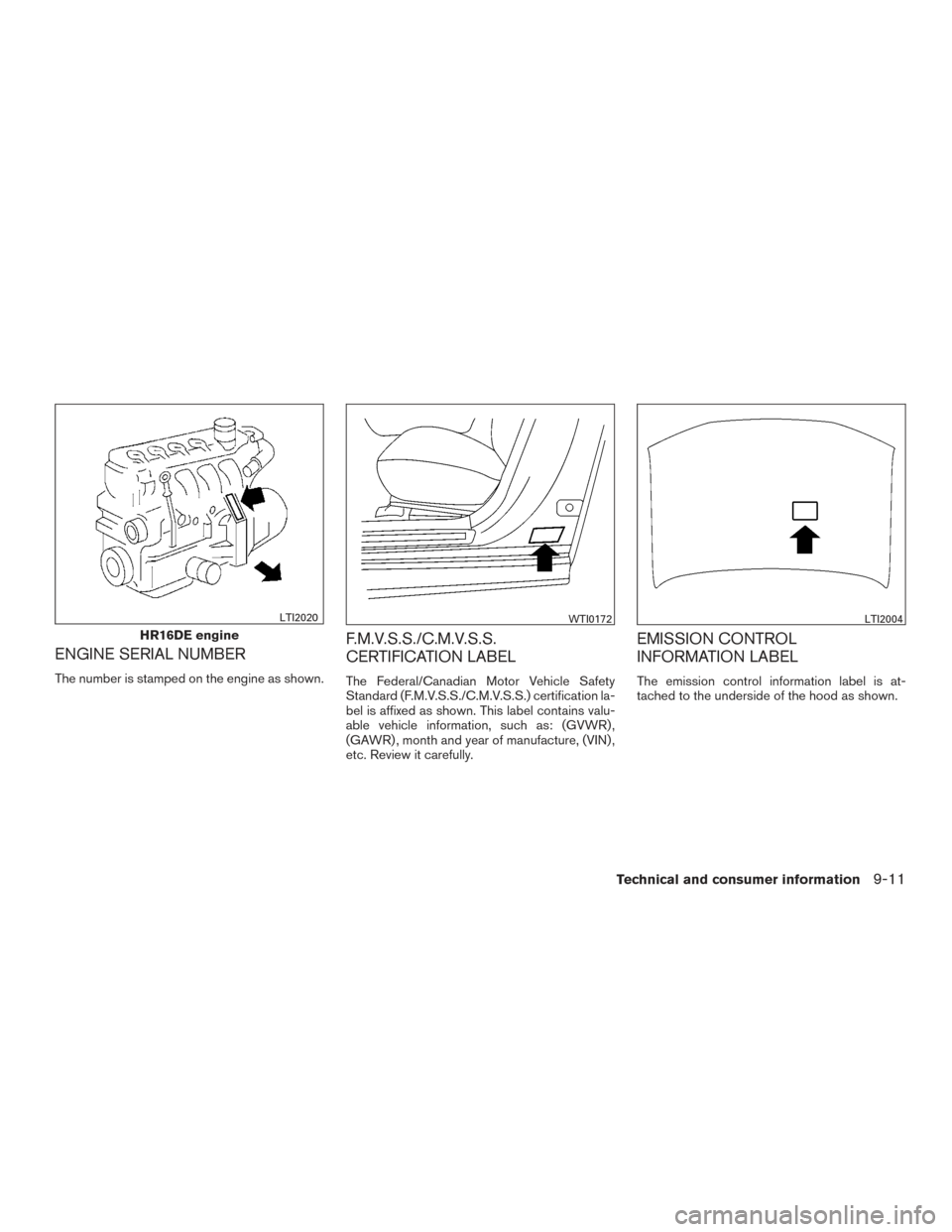 NISSAN VERSA NOTE 2015 2.G Owners Manual ENGINE SERIAL NUMBER
The number is stamped on the engine as shown.
F.M.V.S.S./C.M.V.S.S.
CERTIFICATION LABEL
The Federal/Canadian Motor Vehicle Safety
Standard (F.M.V.S.S./C.M.V.S.S.) certification la