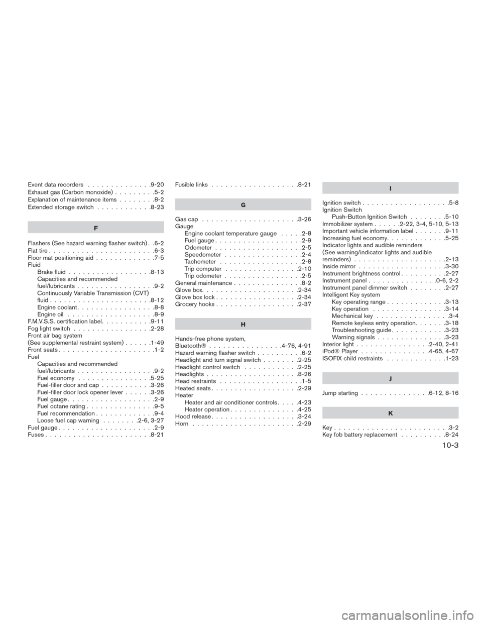 NISSAN VERSA NOTE 2015 2.G Service Manual Event data recorders..............9-20
Exhaust gas (Carbon monoxide) .........5-2
Explanation of maintenance items ........8-2
Extendedstorageswitch ............8-23
F
Flashers (See hazard warning fla